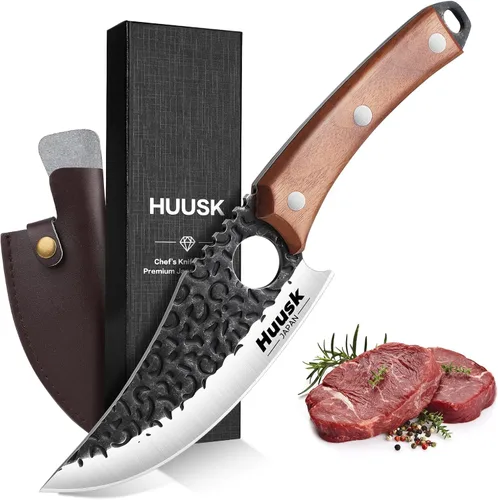 Huusk Cuchillo vikingo con vaina, cuchillo de carnicero forjado a mano para cortar carne, cuchillos de carne de acero de alto carbono, cuchillos de