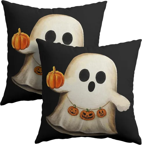 Miniatura 18 de Happy Halloween - Juego de 2 fundas de almohada decorativas de lino y algodón negro con diseño de murciélago blanco de 16 x 16 pulgadas, fundas