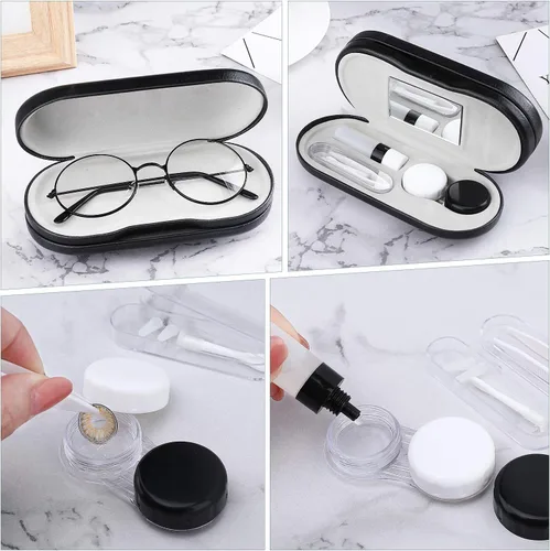 Miniatura 7 de MoKo Estuche Doble para Anteojos, Estuche para Lentes de Contacto con Espejo y Pinzas Removedoras, 2 en 1 de Doble Cara Portátil Caja Soporte Mármol