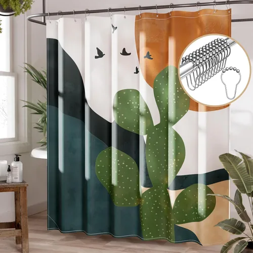 Miniatura 17 de AmazerBath Cortina de ducha azul, juegos de cortinas de ducha geométricas de tela con 12 ganchos para cortina de ducha, cortinas de ducha de Rayas