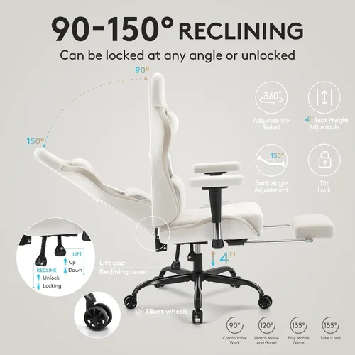 Miniatura 8 de Silla de juegos de tela transpirable, silla de oficina para computadora con reposapiés, soporte lumbar de masaje y almohadilla de gel, silla