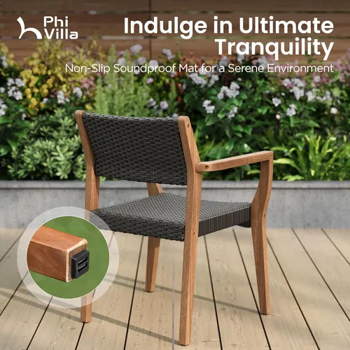 Miniatura 7 de PHI VILLA Juego de 2 sillas de madera de acacia para exteriores, sillones de comedor resistentes con respaldo y asiento de mimbre, muebles