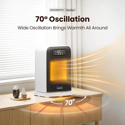Miniatura 3 de MORENTO Calentador de espacio, oscilación de 70°, pantalla LED, temporizador de 12 horas, termostato, protección contra sobrecalentamiento