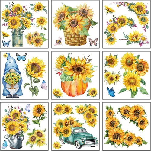 9 hojas de transferencia de girasol para muebles y manualidades de Acción de Gracias, calcomanías de flores vintage de calabaza, hoja de arce,