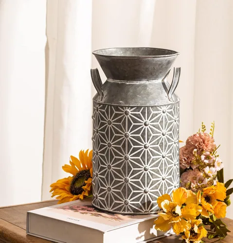 Lata de leche de metal galvanizado vintage, florero decorativo de granja, jarra de leche rústica francesa para decoración del hogar, 10.6 pulgadas