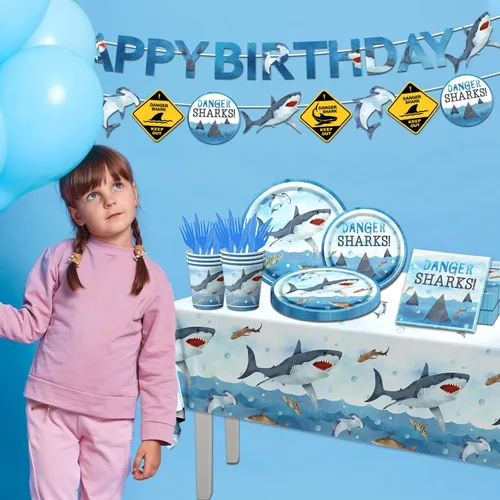 Miniatura 4 de Decoraciones de fiesta de cumpleaños de tiburón, juego de vajilla de 142 piezas de suministros de cumpleaños de tiburón, incluye platos