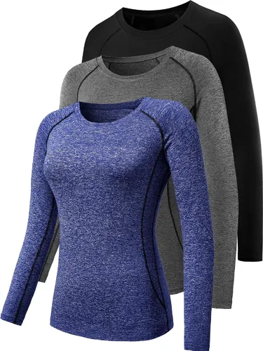 Miniatura 25 de CADMUS Paquete de 1 o 3 camisetas de entrenamiento de manga larga para mujer, camiseta de compresión de ajuste seco para correr