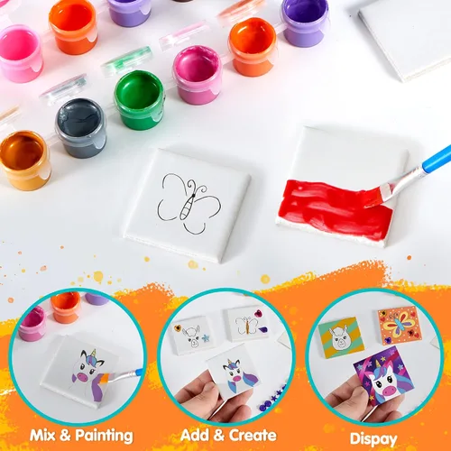 Miniatura 9 de JOYIN Kit de 12 pinturas de roca y 24 mini azulejos magnéticos, arte y manualidades para niños, suministros de arte con varias pinturas, kits