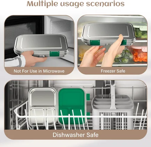 Miniatura 6 de BABHAMNESS Lonchera Bento de acero inoxidable para niños, 3 compartimentos a prueba de fugas, lonchera Bento de metal, contenedores de almuerzo Verde