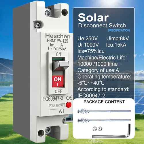 Miniatura 3 de Heschen 63A DC250V, disyuntor de caja moldeada CC MCCB, 1 polos, HSM1PV-125, disyuntor fotovoltaico, para sistema solar fotovoltaico sistema de red