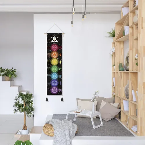 Miniatura 5 de DigiTizerArt Póster colgante en lienzo para meditación, 7 chakras y yoga, pintura tapiz colgante de pared blanco y negro 13.0 x 53.1 in (negro)