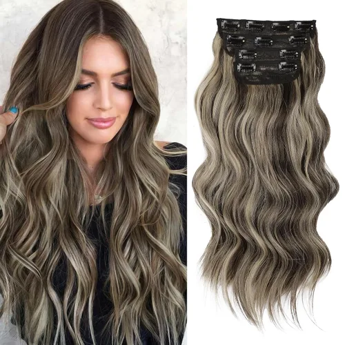 Miniatura 23 de Extensiones de cabello con clip de Vigorous de 20 pulgadas, con reflejos rubio playa, extensiones de cabello ondulado largo y suave de cabello