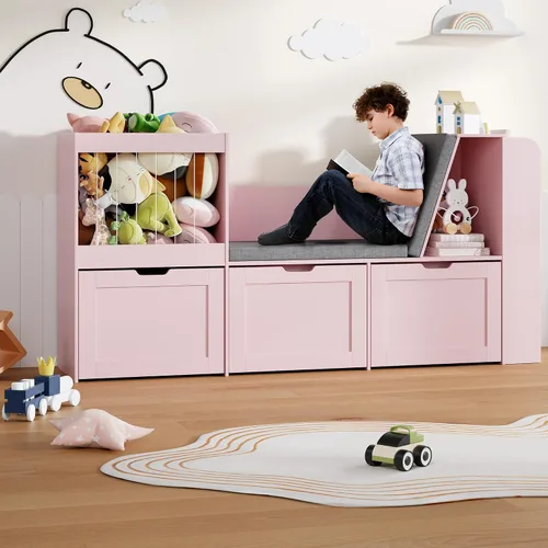 Miniatura 6 de Rincón de lectura para niños de 66.9 pulgadas, organizador de almacenamiento de juguetes con almacenamiento de animales de peluche, banco y cojines