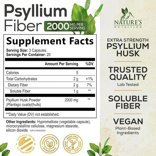 Miniatura 2 de Polvo de cáscara de psyllium de 2000 mg por porción, suplemento de fibra de psyllium extra fuerte, píldoras de fibra soluble natural, apoya