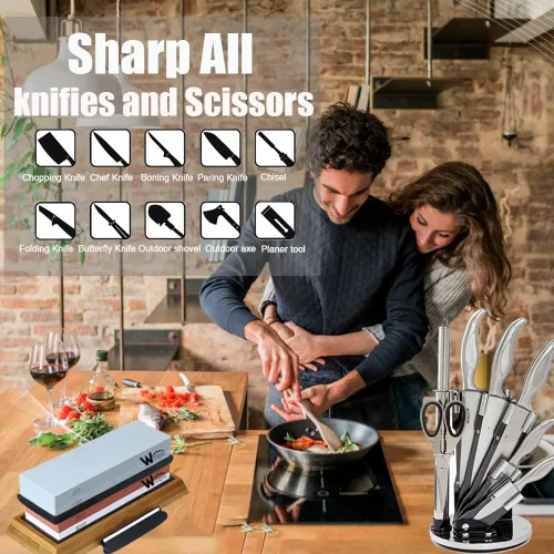 Miniatura 5 de Kit de piedra de afilar cuchillos – 400/1000 3000/8000 Grit Wet Kitchen Whetstone juego de afilador de cuchillos con base de goma de bambú