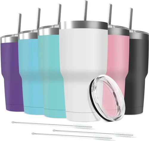 Miniatura 15 de Taza de viaje de acero inoxidable de 30 onzas con tapa, paquete de 6 vasos de doble pared aislados al vacío a granel con 6 pajitas, taza de café