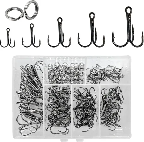 Paquete de 200 ganchos agudos de pesca, ganchos de acero de alto carbono, fuertes y afilados, curvados redondos con anillos divididos para señuelos,
