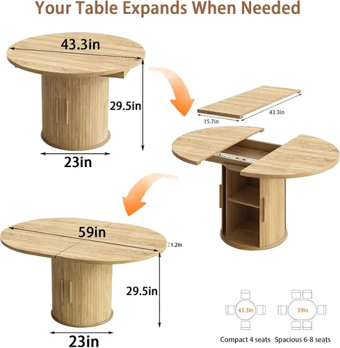 Miniatura 2 de Mesa de comedor redonda extensible de 43.3-59 pulgadas para 4-6-8, puerta corredera de madera estriada, mesa de cocina ovalada moderna, base