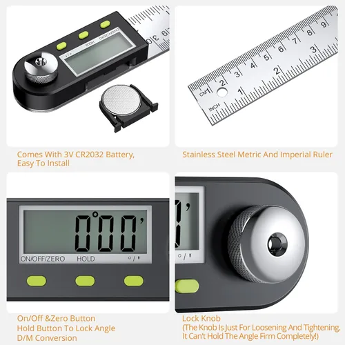 Miniatura 2 de Neoteck Regla transportadora de buscador de ángulo digital de acero inoxidable de 12 pulgadas/11.8 in con función de retención de datos
