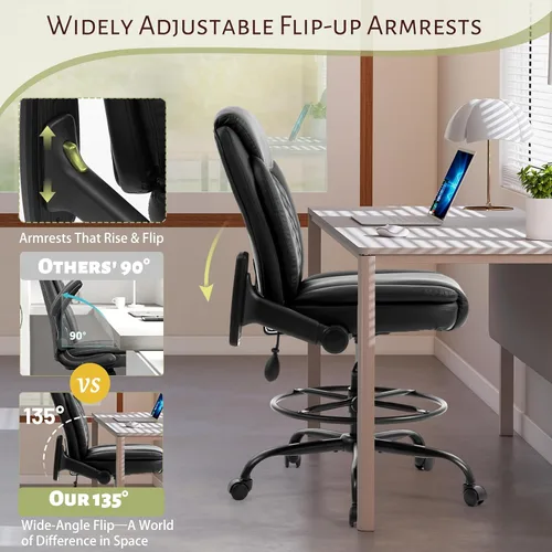 Miniatura 4 de Silla de dibujo, silla alta ejecutiva de oficina con reposabrazos abatibles para escritorio de altura de mostrador, silla de trabajo alta con anillo