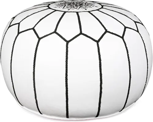 Marrakesh Gallery - Funda de puf marroquí, otomana redonda y grande de piel, decoración bohemia para sala de estar, reposapies, sin relleno Blanco