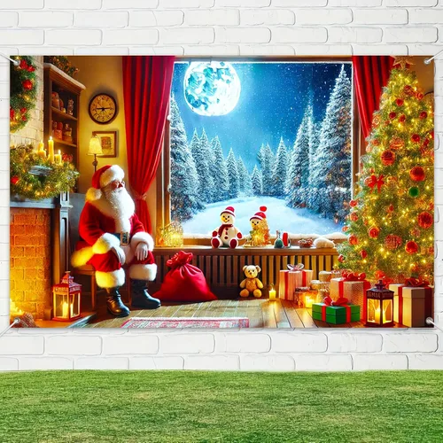Miniatura 4 de BlissYard Pancarta Navideña para Ventana 71x43 Pulgadas Telón de Fondo de Noche Nevada con Chimenea de Santa, Árbol, Regalos, Farol, Cortina Roja