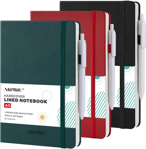 Miniatura 12 de Paquete de 3 cuadernos rayados con bolígrafo, cuadernos A5 (5.7 x 8.4 pulgadas) de tapa dura de cuero para mujeres y hombres, trabajo, 160 páginas