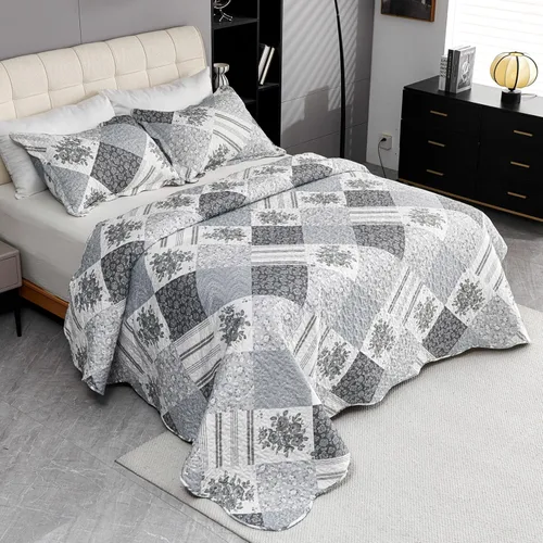 Miniatura 3 de Cmfshape Colcha floral de verano, juego de edredón romántico gris matrimonial, juego de ropa de cama reversible con costuras para todas