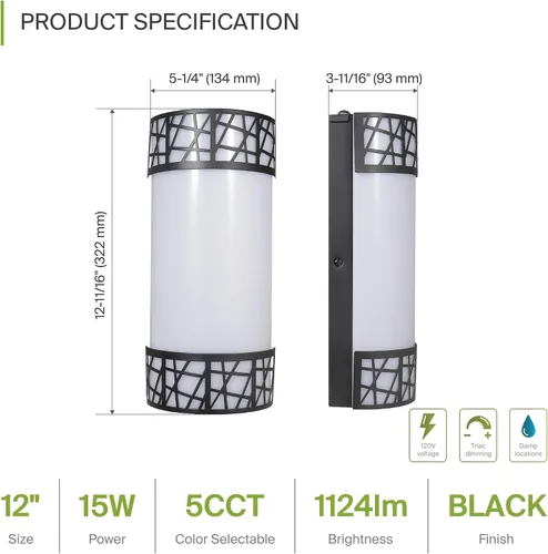 Miniatura 2 de ASD Aplique de pared LED de 12 pulgadas para interiores, color negro mate, moderno, regulable, 15 W, 2700 K-5000 K, accesorios de iluminación