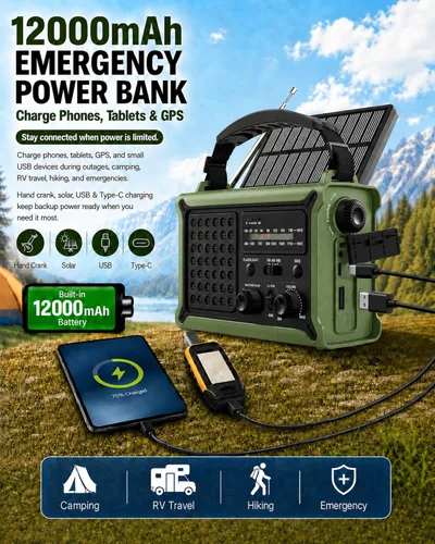 Miniatura 3 de Radio de emergencia meteorológica con energía solar y manivela – AM/FM/NOAA, linterna LED, luz de lectura, carga USB y SOS – Equipo de supervivencia