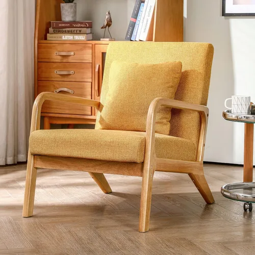 Miniatura 7 de ELUCHANG Silla decorativa moderna Mid-Century tapizada de tela de lino de primera calidad con patas de marco de madera, cómodas sillas de sala