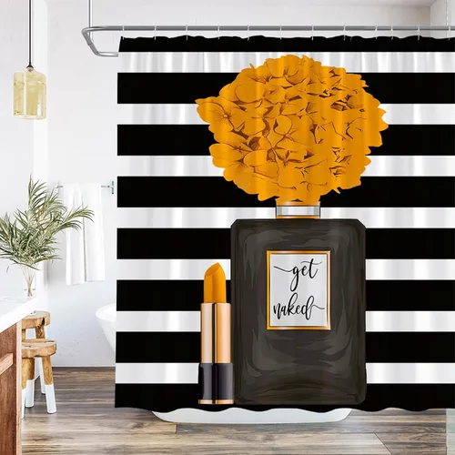 Miniatura 5 de Cortina de ducha negra con diseño de flores para niña, mujer, pintalabios, encantadora decoración de baño, juego de baño con gancho, 36 pulgadas