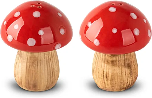 Juego de salero y pimentero de setas de cerámica, salero y pimentero, contenedor de sal roja, juego de salero para cocina, tarro de sal y pimienta