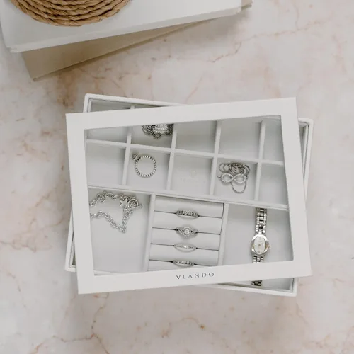 Miniatura 8 de Vlando - Bandeja organizadora de joyas apilable, de gran capacidad, organizador de cajones, bandeja de exhibición, caja para anillos, aretes