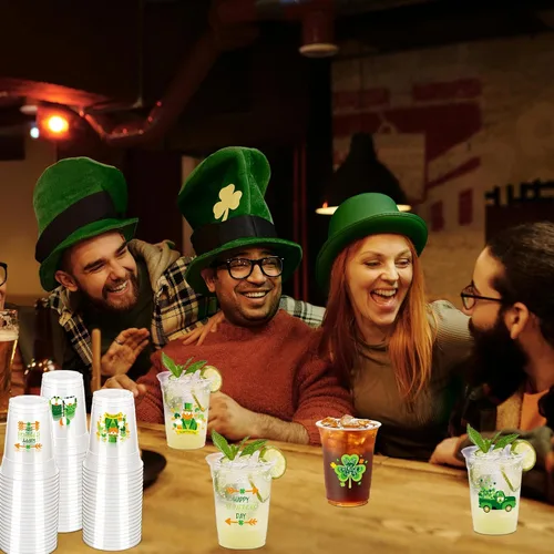 Miniatura 6 de 100 tazas para fiesta del día de San Patricio, vasos desechables de plástico transparente de San Patricio, 12 onzas, color verde irlandés, fiesta