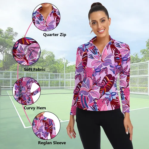 Miniatura 62 de WOWENY Camiseta deportiva de manga larga para mujer, con cremallera de un cuarto, cuello para entrenamiento, camiseta de tenis con estampado