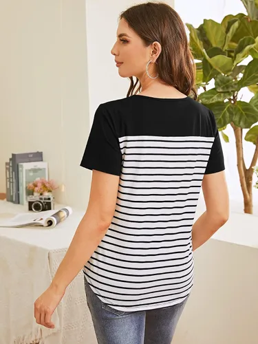 Miniatura 2 de Floerns Camiseta de manga corta con estampado de rayas y bloques de color para mujer