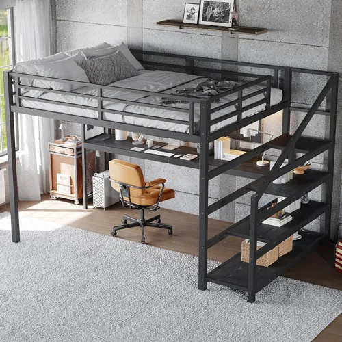 Miniatura 16 de Bellemave Cama tipo loft de metal de tamaño matrimonial con escritorio en forma de L, marco de cama tipo loft con luz LED, estación de carga