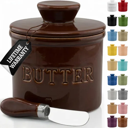 Miniatura 23 de PriorityChef - Mantequera con tapa con línea de agua, plato de mantequilla francesa de cerámica para dejar en la encimera, color caqui