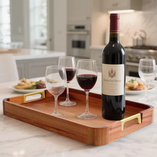 Miniatura 8 de Bandeja de madera de acacia con asas de metal, bandeja de bebidas de alimentos de 17 x 12 pulgadas para mesa de café, desayuno, cena y bar, bandeja