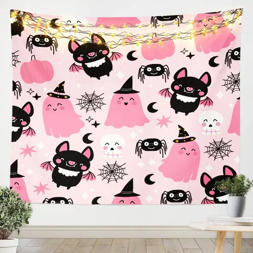 Miniatura 13 de Feelyou Halloween Wall Art for Bedroom Living Room Cartoon Ghost Tapestry Decoration for Kids Boys Girls Red Tapestry Wall Hanging Ghost Festival