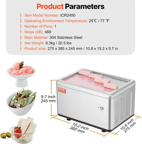 Miniatura 7 de VEVOR Máquina de helado frito, 12.6" x 8.5", 120 W, máquina para hacer rollos de helado salteado con compresor y 2 raspadores, para hacer rollos