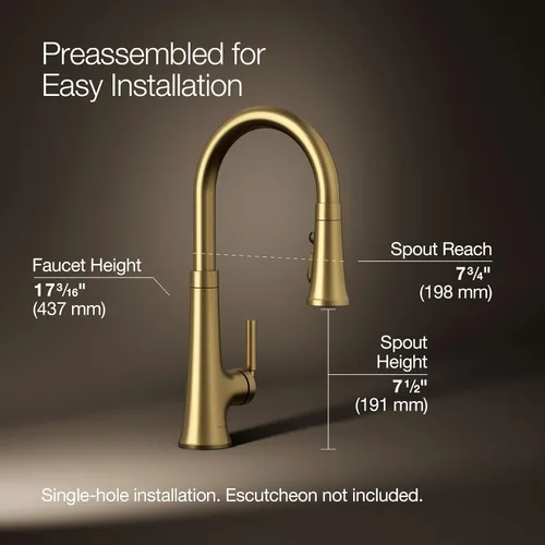 Miniatura 3 de Kohler 23764-2MB Tone llave de cocina extraíble, grifos de fregadero de cocina con pulverizador desplegable, latón cepillado vibrante moderno