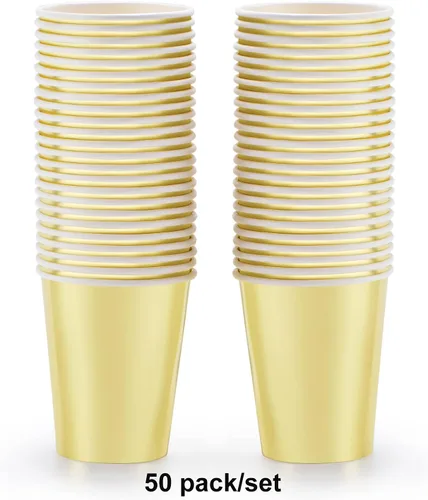 Miniatura 5 de Vasos de papel dorados de 9 onzas [paquete de 50] desechables para café, bebidas frías y calientes, té, agua, leche, jugo, bebidas, purpurina