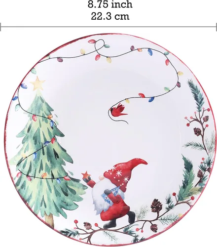 Miniatura 2 de Bico Juego de 4 platos de ensalada de gnomos de Navidad, platos de postre de cerámica de 8.75 pulgadas para ensalada, aperitivo, guarniciones