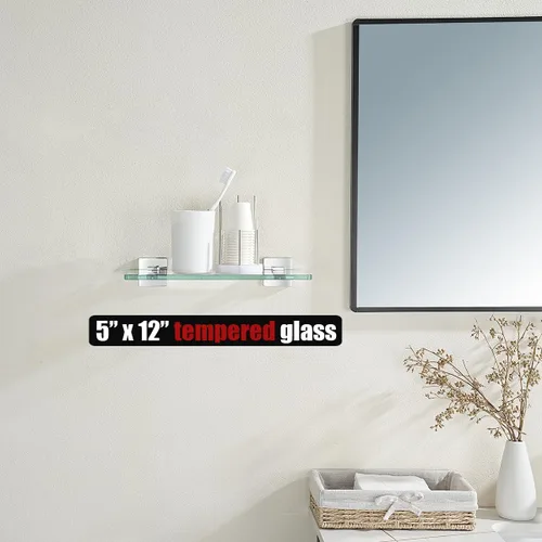 Miniatura 2 de JQK Estante de cristal para baño cromado, almacenamiento de ducha de vidrio templado de 12 x 5 pulgadas, montaje en pared cromado pulido de acero