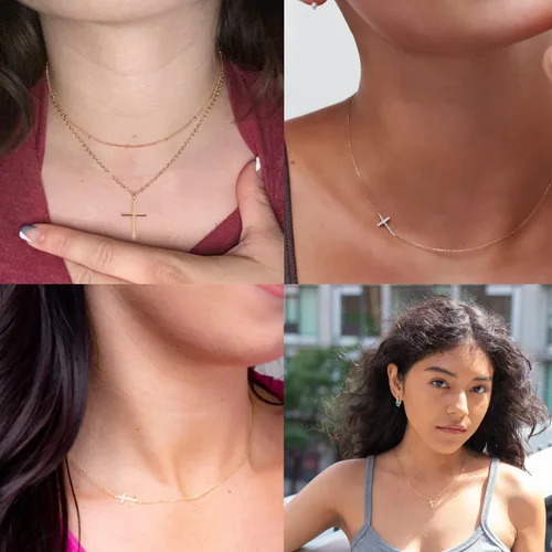Miniatura 3 de Collar de cruz para mujeres y niñas, delicado chapado en oro de 14 quilates, gargantilla con dije de cruz que no se deslustra, impermeable, moderno