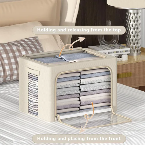 Miniatura 2 de Paquete de 3 cajas de almacenamiento con marco, bolsas de almacenamiento de ropa, tela Oxford, plegable, apilable, juego organizador con ventana