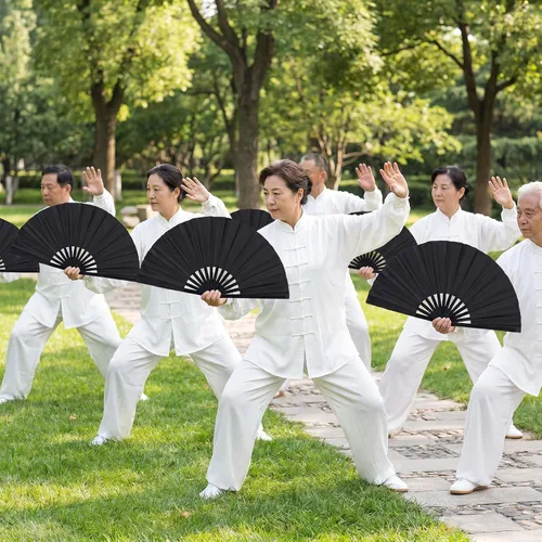 Miniatura 2 de Paquete de 2 abanicos de mano plegables grandes, abanicos de tela retro vintage de tela de nailon, ventilador de mano chino de Kung Fu Tai Chi
