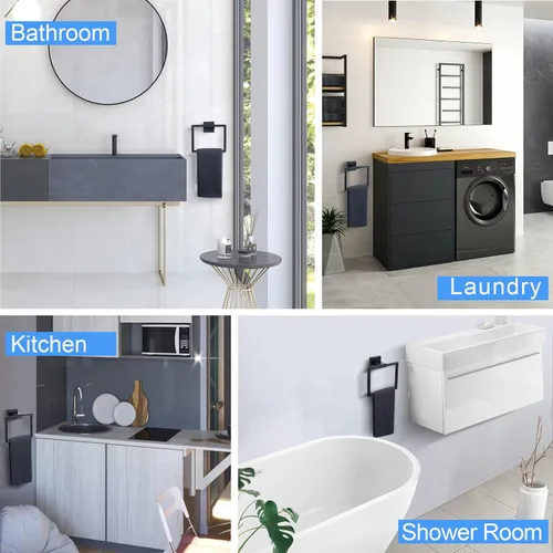 Miniatura 7 de TQKAG Toallero negro mate para toallas de baño, soporte para toallas de mano de acero inoxidable, perchas cuadradas para toallas montadas en la pared